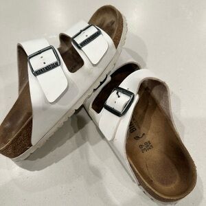 Birkenstock White and Brown Sandals Classic Two-Strap Design